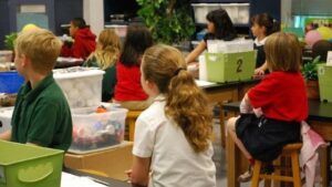 Foto de uma sala de aula mostrando diversos alunos de costas sentados em carteiras olhando para o quadro negro. Nas carteiras, estão caixas repletas de materiais.