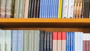 Foto de uma prateleira repleta de livros.