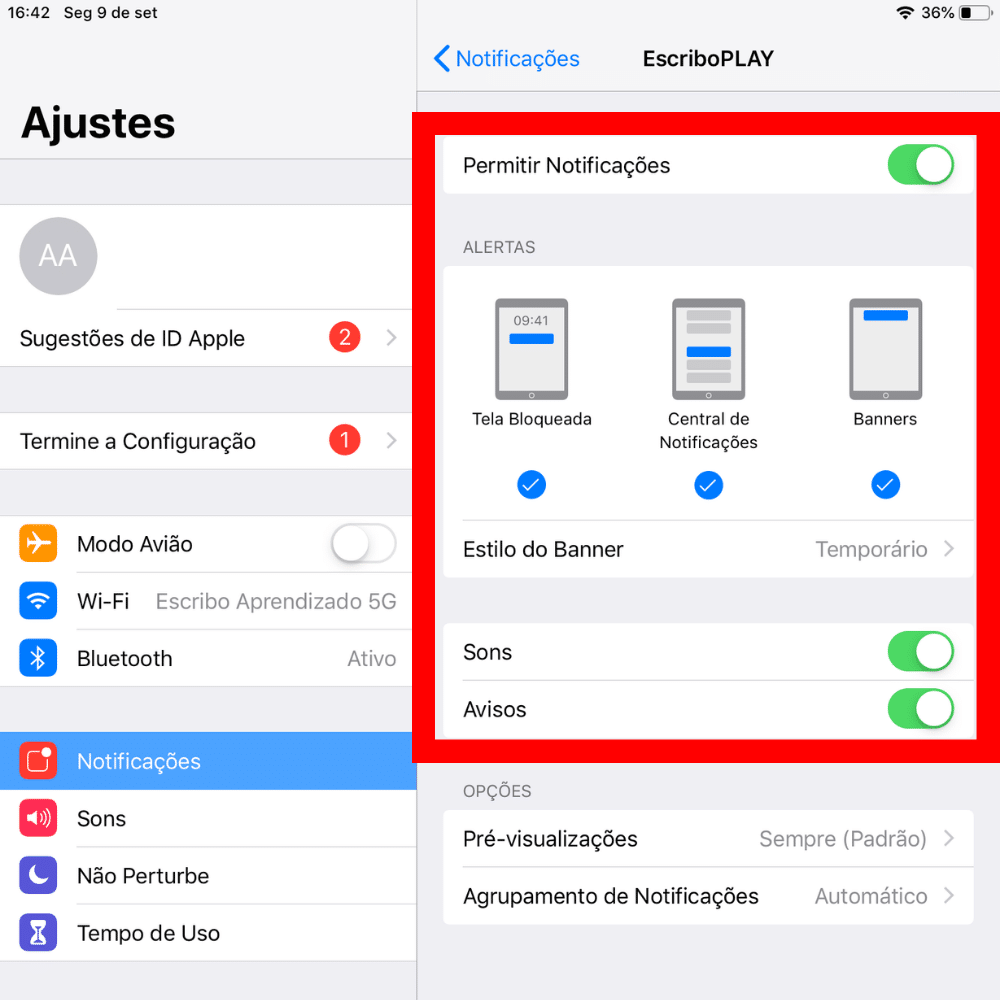 Deixe todas as notificações do Escribo Play, os sons e os aviso ativos. Print exibe o caminho no sistema iOS.