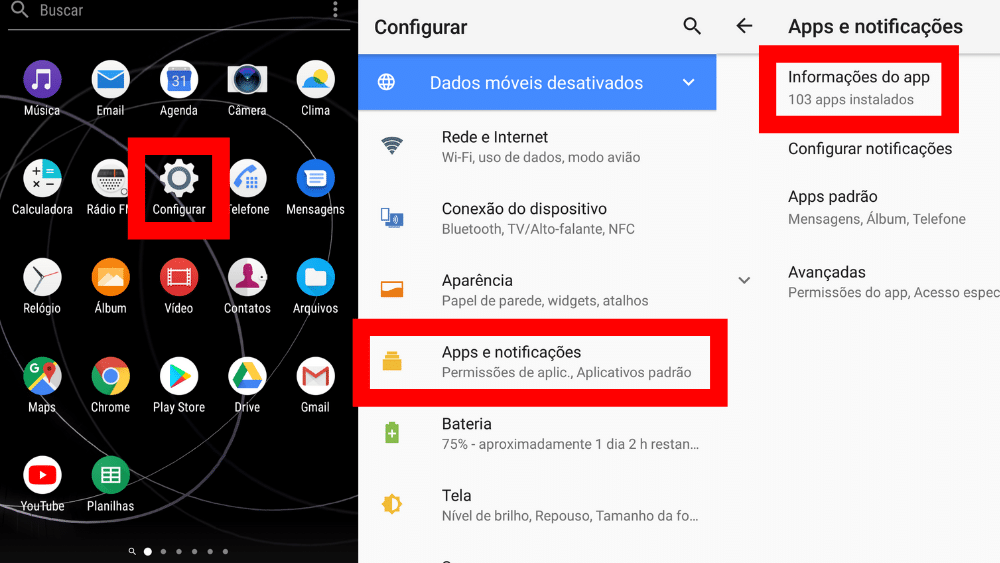 Para usuários(as) de Android: vá em Configurar (ou Configurações), depois em Apps e Notificações e em Informações do App. Em notificações do aplicativo, ative notificações do Escribo Play.