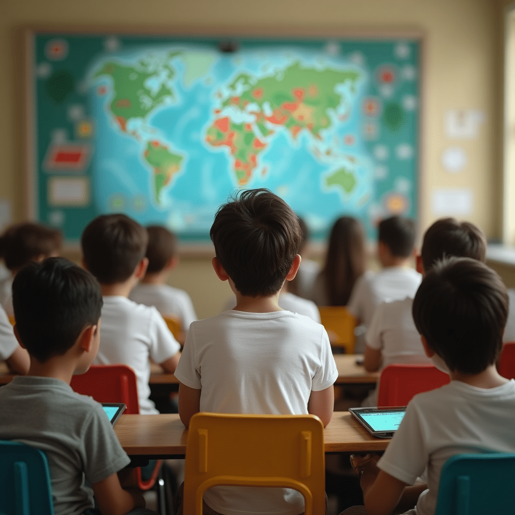 Crie uma imagem ultrarrealista que retrate adolescentes em uma escola informal, usando camisas leves como t-shirts, interagindo com dispositivos digitais enquanto assistem a vídeos educativos. O cenário deve transmitir um ambiente moderno, descontraído, com elementos que remetam à avaliação crítica e à aprendizagem, destacando a faixa etária estudada.