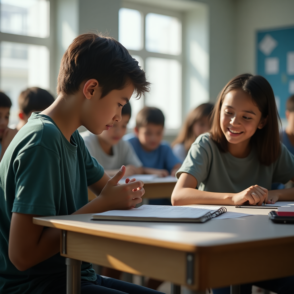 Crie uma imagem ultrarealista que remeta a um ambiente escolar informal. Mostre diretores e professores jovens em uma escola descontraída, usando roupas leves como camisetas, interagindo de forma colaborativa em um cenário que remeta a tecnologias de aprendizagem interativas. A imagem deve refletir engajamento e curiosidade, alinhada com a faixa etária do estudo.