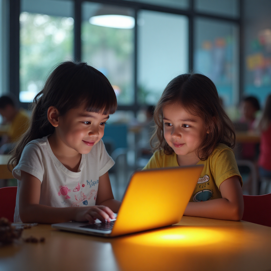 Cenário ultrarrealista em uma escola informal de ensino médio, adolescentes revisando redações em laptops, usando camisetas leves, ambiente descontraído e luminoso, mesas e cadeiras simples, expressão concentrada e colaborativa
