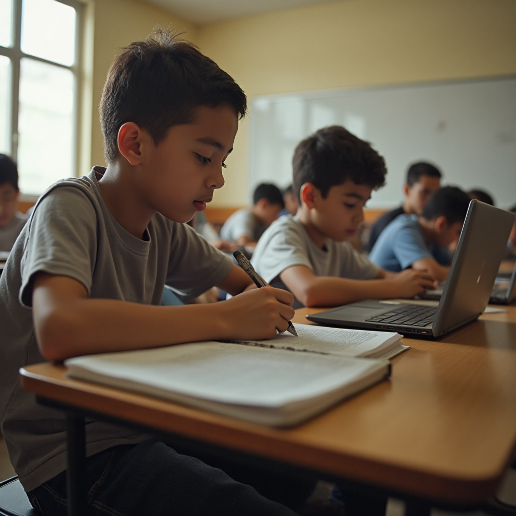 Ultrarealistic image of adult teachers wearing t-shirt clothes in an informal school setting, sitting around a table with laptops and discussing AI tools, warm natural lighting, realistic facial expressions and environment