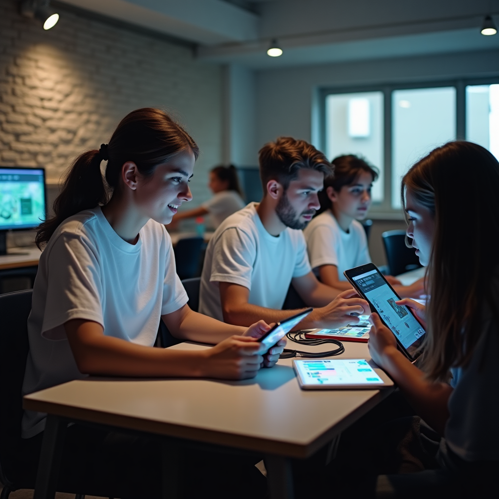 Ultra-realistic image of a classroom in an informal school setting with young learners (teenagers) and a teacher, all wearing light casual clothes like t-shirts, interacting with a digital translation teaching system on laptops, vibrant daylight, candid moment, high detail