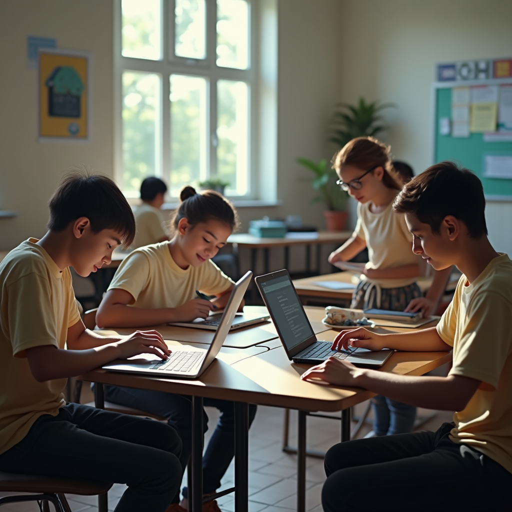Cena ultrarrealista em sala de aula informal com crianças de 7 a 12 anos usando camisetas leves interagindo com um robô humanóide. Ambiente iluminado, cores suaves, expressão curiosa e engajada nos rostos das crianças, detalhes realistas e atmosfera acolhedora.